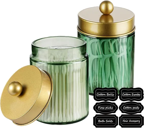 Miniatura 14 de Amolliar Juego de 2 organizadores de almacenamiento de vidrio para tocador de baño, recipiente de encimera con tapas de metal y calcomanías, tarros