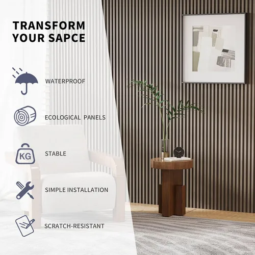 Miniatura 6 de POHARE WPC - Paneles de pared de listones, 8 unidades de 95 x 6 pulgadas, listones decorativos de madera acústica para pared y techos, paneles