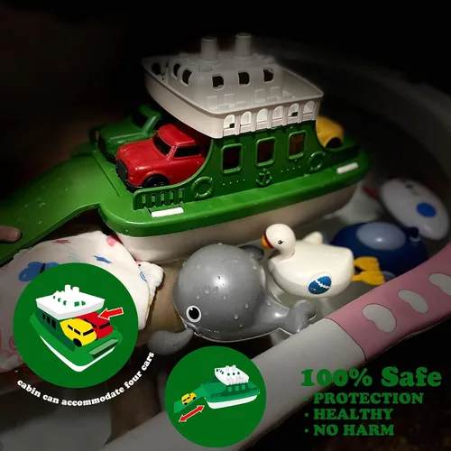 Miniatura 8 de Barco Ferry con 4 Coches y 4 Juguetes de Baño de Cuerda, Juguete de Baño para Niños Vehículo Flotante Ballenas Submarinos Cisnes Cohetes, Conjunto