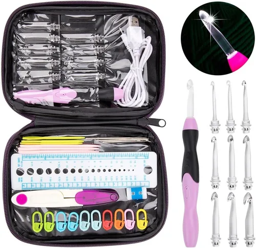 Miniatura 8 de Vidillo Juego de luces de ganchillo con funda, ganchos ergonómicos recargables iluminados, 9 ganchos intercambiables con una funda de ganchillo
