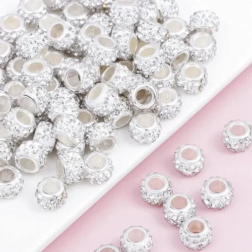 Miniatura 21 de Decoendiy 100 cuentas europeas de diamantes de imitación, cuentas espaciadoras de diamantes de imitación de agujero grande, cuentas planas redondas