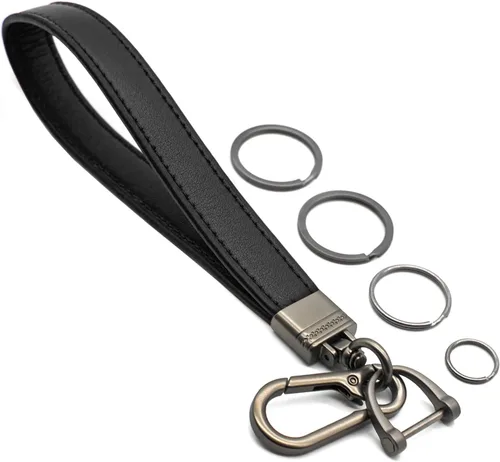 Llavero de cuero genuino para hombre y mujer, giratorio de 360 grados, con anillo en D antipérdida, clip de mosquetón y 4 llaveros, oscuro y negro