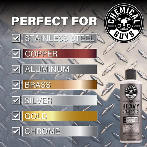 Miniatura 8 de Chemical Guys, Heavy Metal Polish SPI_402_16 - Abrillantador pesado restaurador y protector para metales (16 oz) y toallas de microfibra de grado