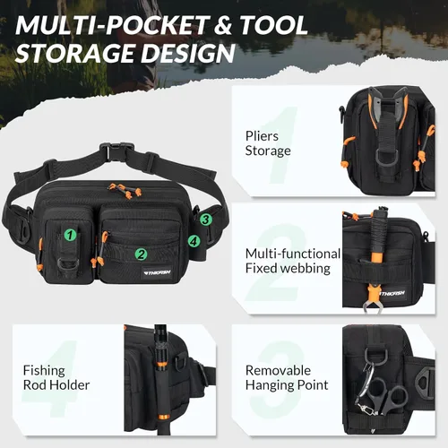Miniatura 2 de THKFISH Riñonera de pesca - Riñonera impermeable para mujeres y hombres - Bolsa portátil para pesca al aire libre y con mosca (negro, grande)