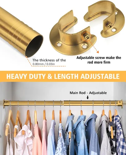 Miniatura 3 de Barras de armario para colgar ropa, resistentes, longitud ajustable (#2 dorado, 18.5 - 28 pulgadas)