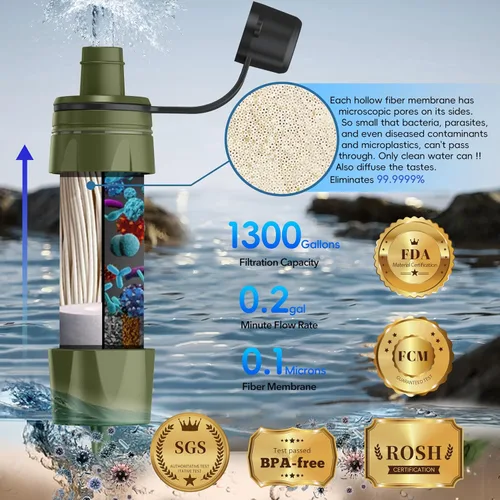Miniatura 2 de Filtro de agua con pajita, purificador de agua portátil, sistema de filtración de agua, purificación de paja de agua reutilizable, equipo de Verde