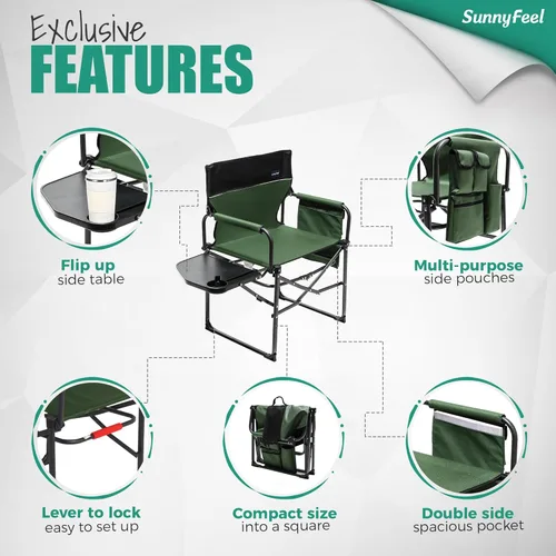 Miniatura 6 de SUNNYFEEL Silla de directores de camping, resistente, silla plegable portátil de gran tamaño con mesa auxiliar, bolsillo para playa, pesca, viaje