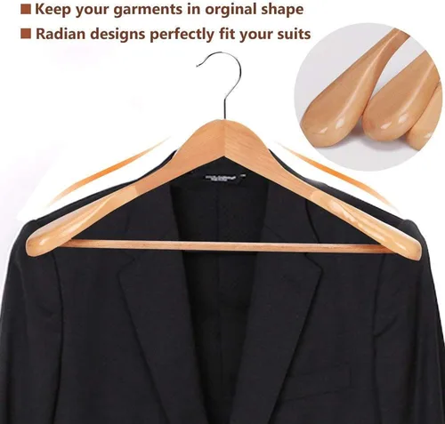 Miniatura 6 de JS HANGER Perchas de madera para trajes, paquete de 6 perchas de madera extra anchas con barra antideslizante para pantalones, acabado natural extra