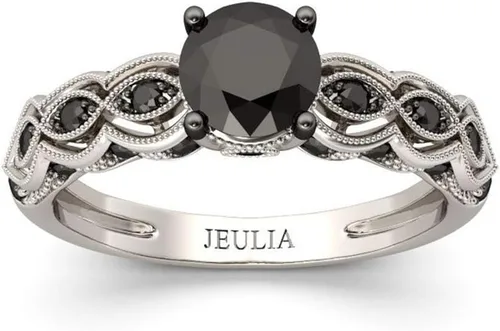 Jeulia Anillo de compromiso vintage milgrain de 2 quilates para mujer, plata de ley 925, diamantes negros, anillos de boda de corte redondo,