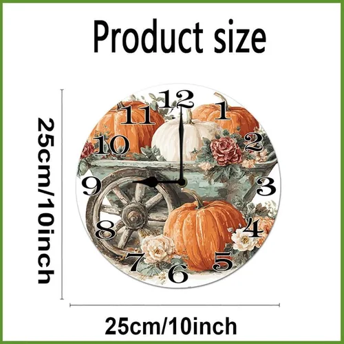 Miniatura 2 de Reloj colgante de madera con parche de calabaza, reloj de pared redondo de madera, silencioso, sin tictac, funciona con pilas, números arábigos