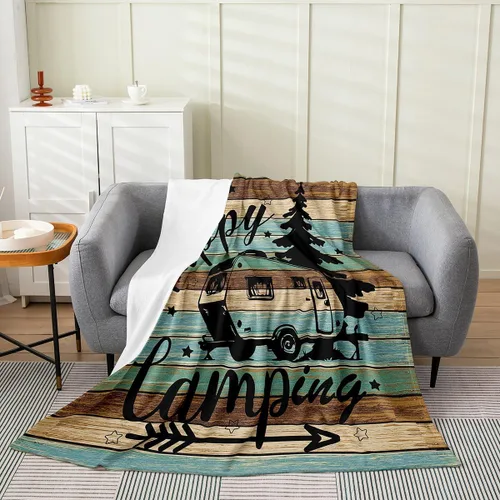 Miniatura 28 de jejeloiu Manta de cama de campamento para todas las estaciones, manta de franela de vellón con temática de campamento feliz, manta peluda de madera