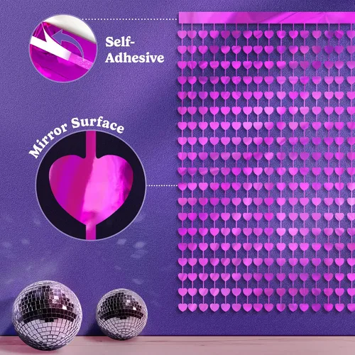 Miniatura 4 de HOUSE OF PARTY Paquete de 2 cortinas de papel de aluminio de corazón rosa intenso, cortinas decorativas para despedida de soltera, fondos temáticos