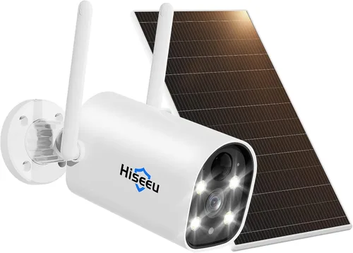 Hiseeu Cámara de seguridad con batería solar de 4MP inalámbrica de 2.5 K, audio de 2 vías recargable WiFi para exteriores, visión nocturna a color,