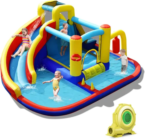 BOUNTECH Tobogán acuático inflable, castillo de salto de parque acuático 6 en 1 para niños con 2 piscinas de salpicaduras, boxeo, toboganes