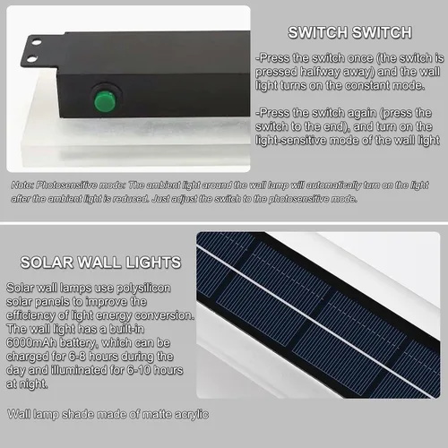 Miniatura 6 de Luces de pared solares al aire libre impermeables, lámpara de pared LED de montaje de 10W con pantalla de acrílico de 60 cm de largo, lámparas