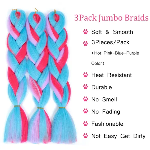 Miniatura 2 de 3 piezas de cabello trenzado de color azul y rosa para niña, cabello de color para trenzar de 24 pulgadas (rosa intenso-azul-morado)