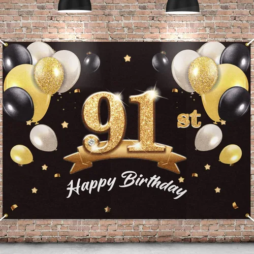 Telón de fondo de pancarta de feliz cumpleaños 91, suministros de decoración de fiesta de cumpleaños 91 para hombres, color negro y dorado, 4 x 6