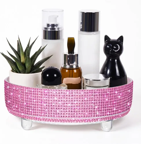 Miniatura 19 de Honeydak - Organizador de perfume giratorio de 360 grados, regalo para mujeres, organizador de cuidado de la piel con diamantes de imitación