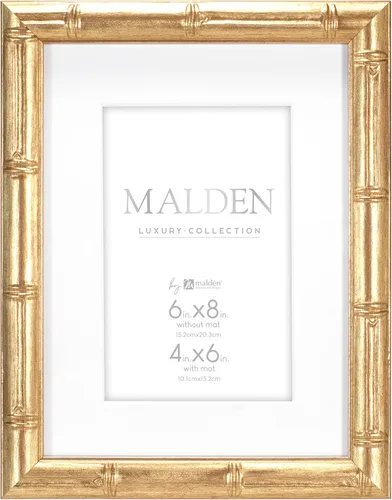 Malden International Designs Marco de fotos con paspartú 4x6, moldura de bambú dorado en PS, acabado dorado antiguo, tablero blanco