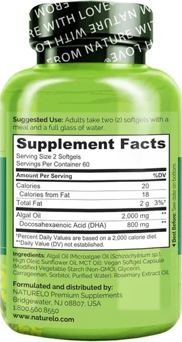 Miniatura 7 de NATURELO DHA vegano, suplemento vegano de Omega 3, 120 cápsulas blandas, apoya la salud del cerebro/corazón/ojo, complementa vitaminas prenatales