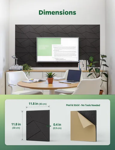 Miniatura 9 de Paquete de 18 paneles acústicos absorbentes de sonido para pared de sala de juegos, línea de corte decorativo negro, despegar y pegar, reducción