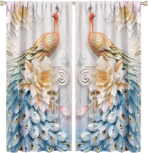 Miniatura 70 de Cortina opaca con estampado de pavo real, con estampado de animales retro, con bolsillo para cortinero y flores de peonía doradas, para dormitorio