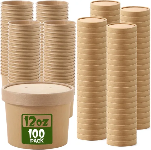 Miniatura 10 de Fulmoon Paquete de 100 recipientes de papel para sopa con tapas, recipientes de papel desechables para alimentos con tapa ventilada, tazas de postre