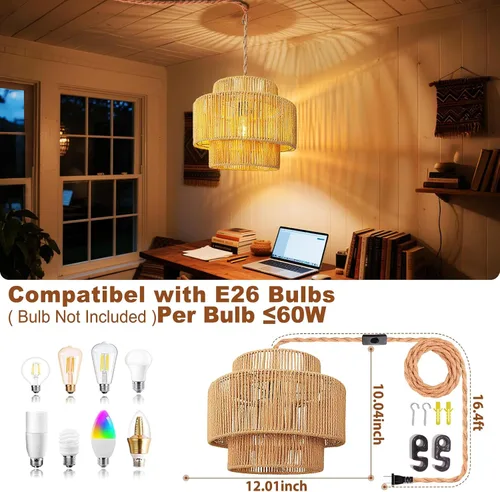 Miniatura 4 de Lámpara colgante de ratán - iluminación colgante de 16.4 pies con cable enchufable, enchufe a toma de pared, interruptor de encendido y apagado