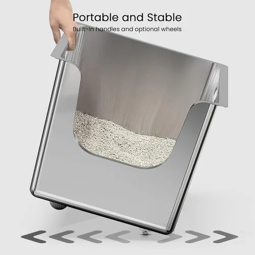 Miniatura 8 de Caja de arena de acero inoxidable con lados altos de 11.8 pulgadas, caja de arena de metal XL para gatos con entrada baja curva, bandeja de arena