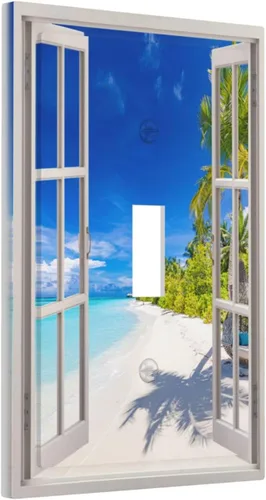Vista de ventana, isla tropical, playa, palmeras, cielo soleado, cubierta de interruptor de luz de palanca individual, placa decorativa de pared de