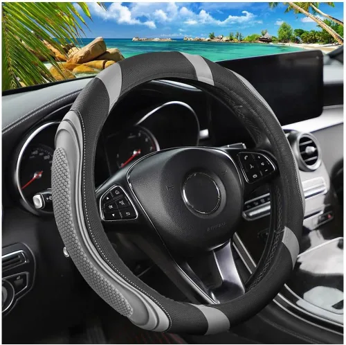 Miniatura 8 de Osilly Funda de cuero para volante de automóvil de 15 pulgadas, accesorios automotrices elástica, transpirable, antideslizante, protector de volante
