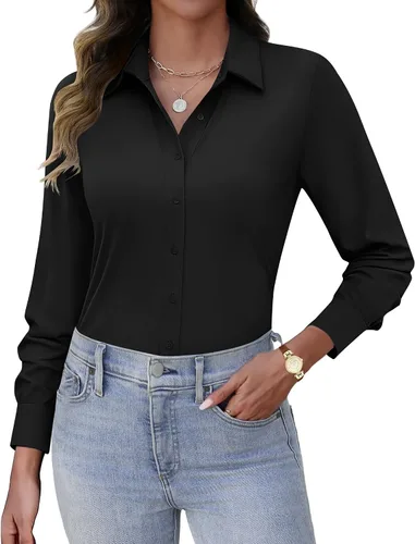 Miniatura 12 de HOTOUCH Camisas con botones para mujer, de manga larga, elásticas, sin arrugas, blusas de trabajo, ajustadas, para la oficina