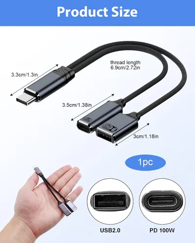 Miniatura 2 de Adaptador USB C a USB OTG, divisor USB-C 2 en 1 con puerto de carga rápida PD de 100 W y puerto USB hembra compatible con iPhone 16/15, iPad