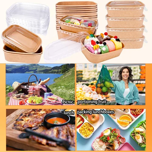 Miniatura 7 de 60 cuencos desechables de papel kraft a granel, rectángulo, extragrueso, a prueba de fugas, recipiente de alimentos con tapa de plástico