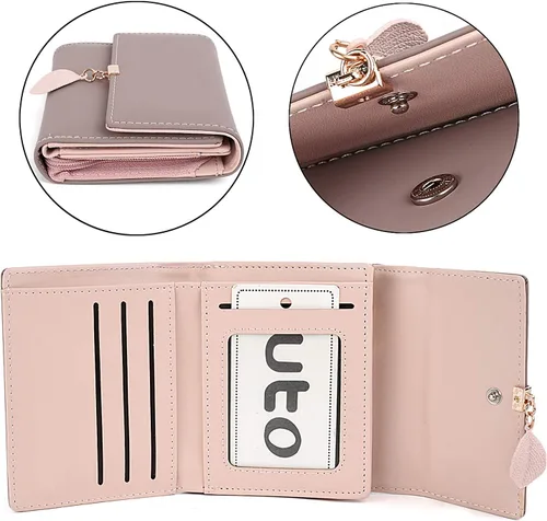 Miniatura 132 de UTO - Cartera pequeña RFID de piel sintética con dije de hoja, cierre de cremallera y tarjetero.