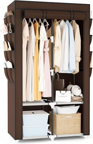 Miniatura 13 de Armario portátil para colgar ropa, armario portátil con tapa, 4 estantes de almacenamiento, 2 varillas para colgar y 8 bolsillos laterales, fácil