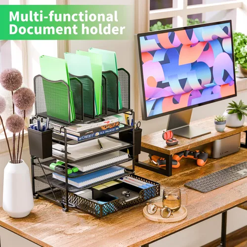 Miniatura 2 de Simple Trending – Organizador de archivos de escritorio de malla metálica de 5 niveles, bandejas para papel tamaño carta con cajón deslizante