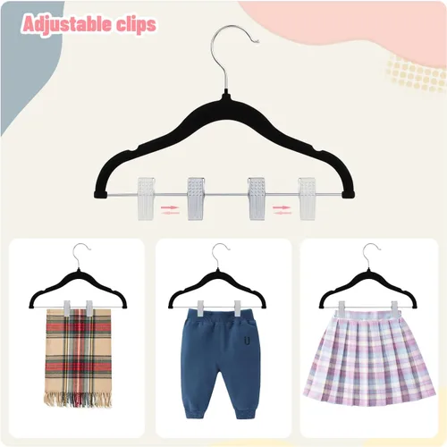 Miniatura 4 de ManGotree Perchas de terciopelo para bebé de 11.8 pulgadas con clips movibles, perchas de fieltro antideslizantes para niños, perchas de ropa