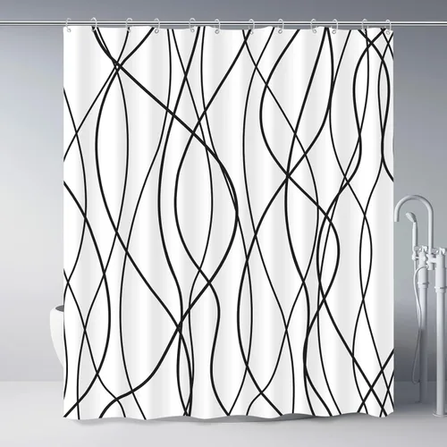 Miniatura 48 de Juego de cortinas de ducha azul egeo para baño con ganchos, cortinas de baño decorativas repelentes al agua y lavables con rayas blancas, 72 x 72