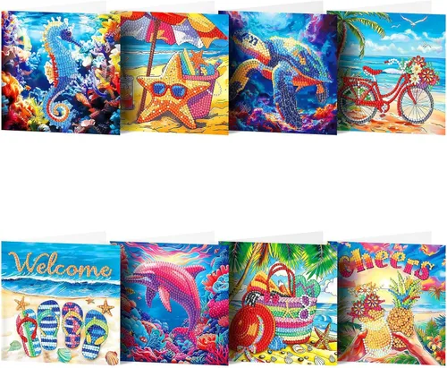 Miniatura 22 de LUSandy Paquete de 12 tarjetas de Navidad con pintura de diamante 5D para adultos, tarjetas de felicitación de arte con diamantes para gatos