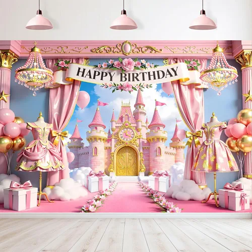Miniatura 20 de Telón de fondo de feliz cumpleaños negro y rosa de 7 pulgadas de ancho x 5 pies de alto, tela de poliéster, globos de lazo femenino, pastel