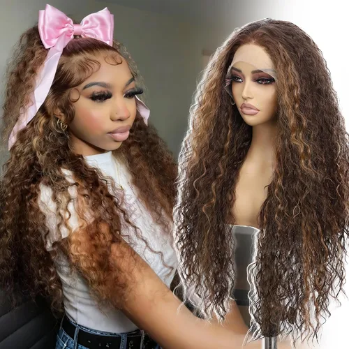 Miniatura 9 de SAPPHIREWIGS Pelucas de encaje frontal color marrón, sin pegamento, onda de agua, de encaje frontal sintético, para mujeres afrodescendientes