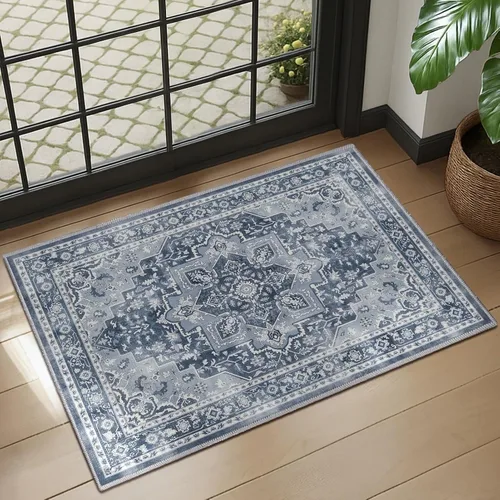 Miniatura 31 de Alfombra de pasillo profundo azul 2x8, alfombra de pasillo lavable antideslizante para entrada interior, alfombra de medallón vintage de 0.27