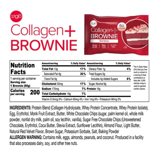 Miniatura 3 de 321glo Brownie de proteína de colágeno, sin gluten, bajo en azúcar, aperitivo keto para mujeres, hombres y niños, 0.66 onzas de proteína, 0.26 onzas