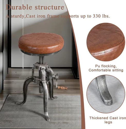 Miniatura 6 de Topower Taburete de manivela industrial antiguo de hierro fundido Silla de tres patas Taburete de bar de cuero PU