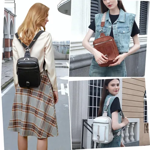 Miniatura 9 de Bolso Bandolera Mochila Cruzada - 2 en 1 Bolso Cruzado de Cuero Riñonera con 2 Correas Extraíbles Mini diaper bag Café