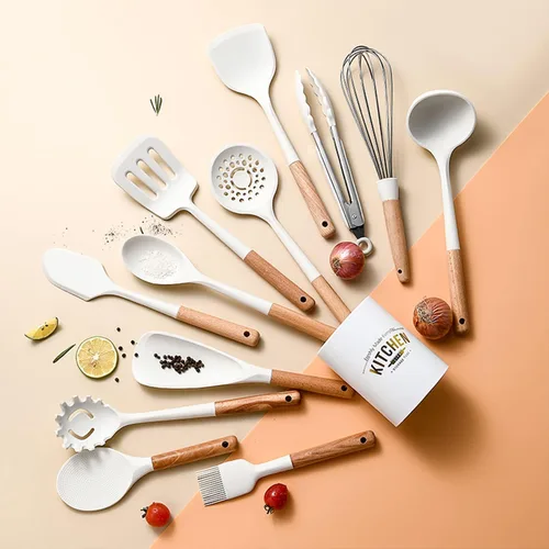 Miniatura 4 de Juego de utensilios de cocina de silicona, 446 °F resistente al calor, mango de madera de 13 piezas para juego de cocina antiadherente (sin BPA)