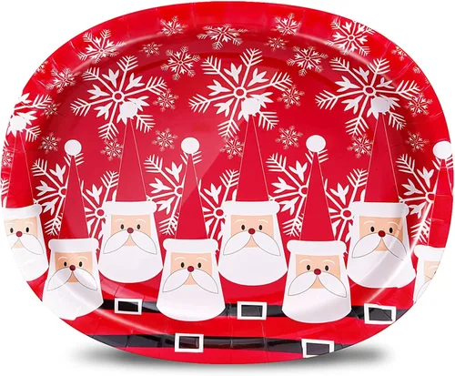 50 platos de papel ovalados de Navidad, platos desechables grandes de 10 x 12.5 pulgadas para decoración de mesa de vajilla de Navidad Rojo