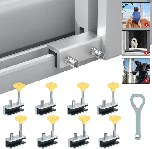 RELIANCER 8 juegos de cerraduras de ventana deslizantes, topes de ventana de puerta de seguridad de aluminio, cerradura de seguridad ajustable para
