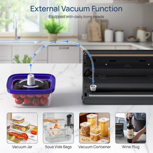 Miniatura 4 de Máquina selladora al vacío para ahorrar alimentos, 70 kpa potente succión compacta 7 en 1 sellador automático de alimentos para almacenamiento